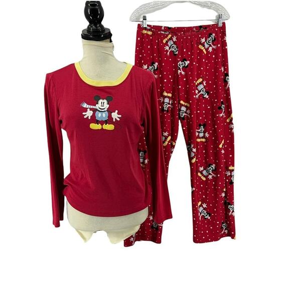 Disney Mickey Mouse Winter Scarf Red Long Sleeve Fleece Pants Pajama Set Large - Picture 1 of 10